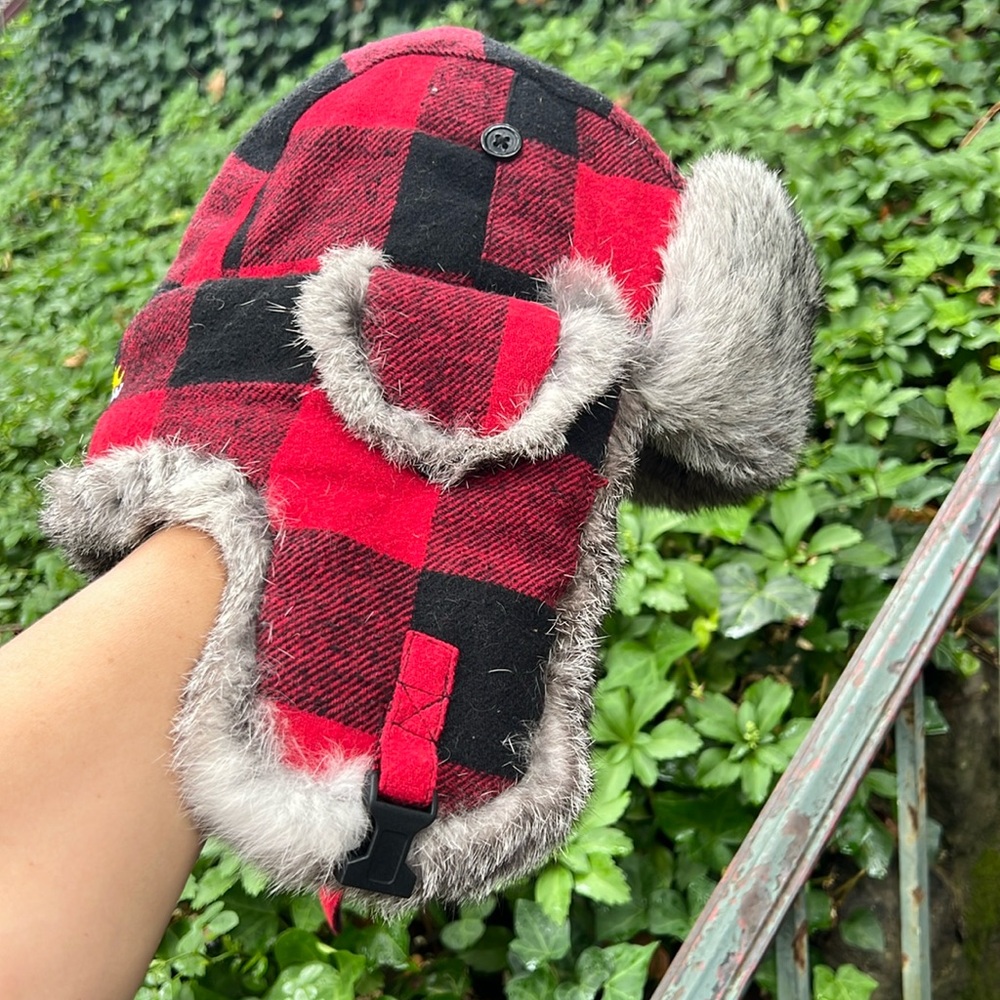 Yukon Tracks Red Buffalo Check Trapper Hat Real Rabbit Fur Size XL Mens Women